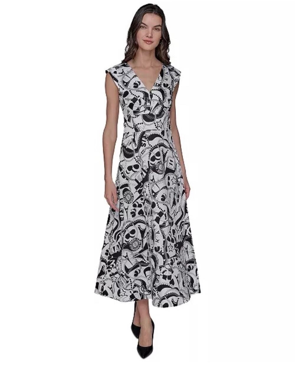 KARL LAGERFELD PARIS Printed Maxi Dress | Black & Soft White | Size 12 | NWT